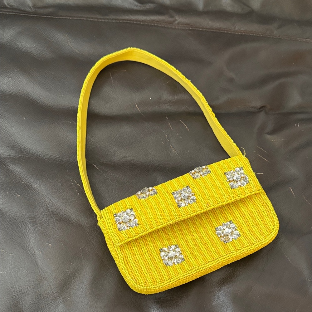 Anthropologie Yellow Beaded Shoulder Bag with Floral Embellishments